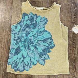 Vintage Susan Bristol Sweater Vest Women L Tan Blue Flower Pullover Grannycore